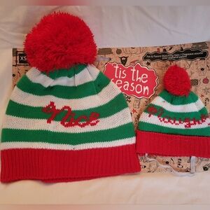 Festive Red and Green Striped Beanie Set